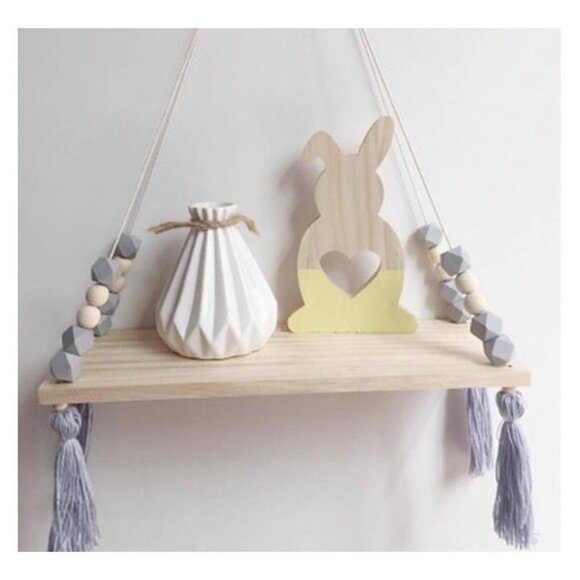 Nordic Wooden Hanging Shelf with Gray Beads and Tassels | Minimalist Boho Nurser - Picture 1 of 6